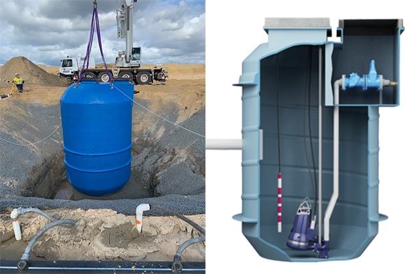 Fiberglass tank diagram with submersible pump